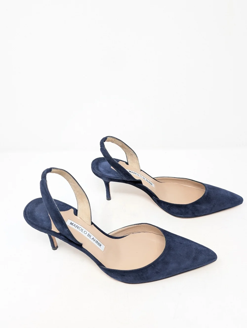 Manolo Blahnik Carolyne Blue Suede Slingback Pumps Heels Size 36.5